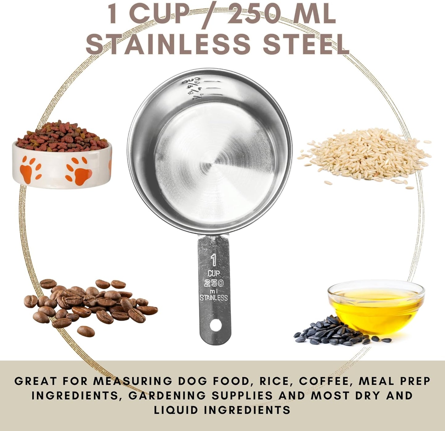 1 Cup Stainless Steel Measuring Cup | Sturdy Metal 250 ml | 240 cc | 8 oz | Single Cup for Wet and Dry Ingredients | Great for use as 1 Cup Dog Food Scoop - 12 PK