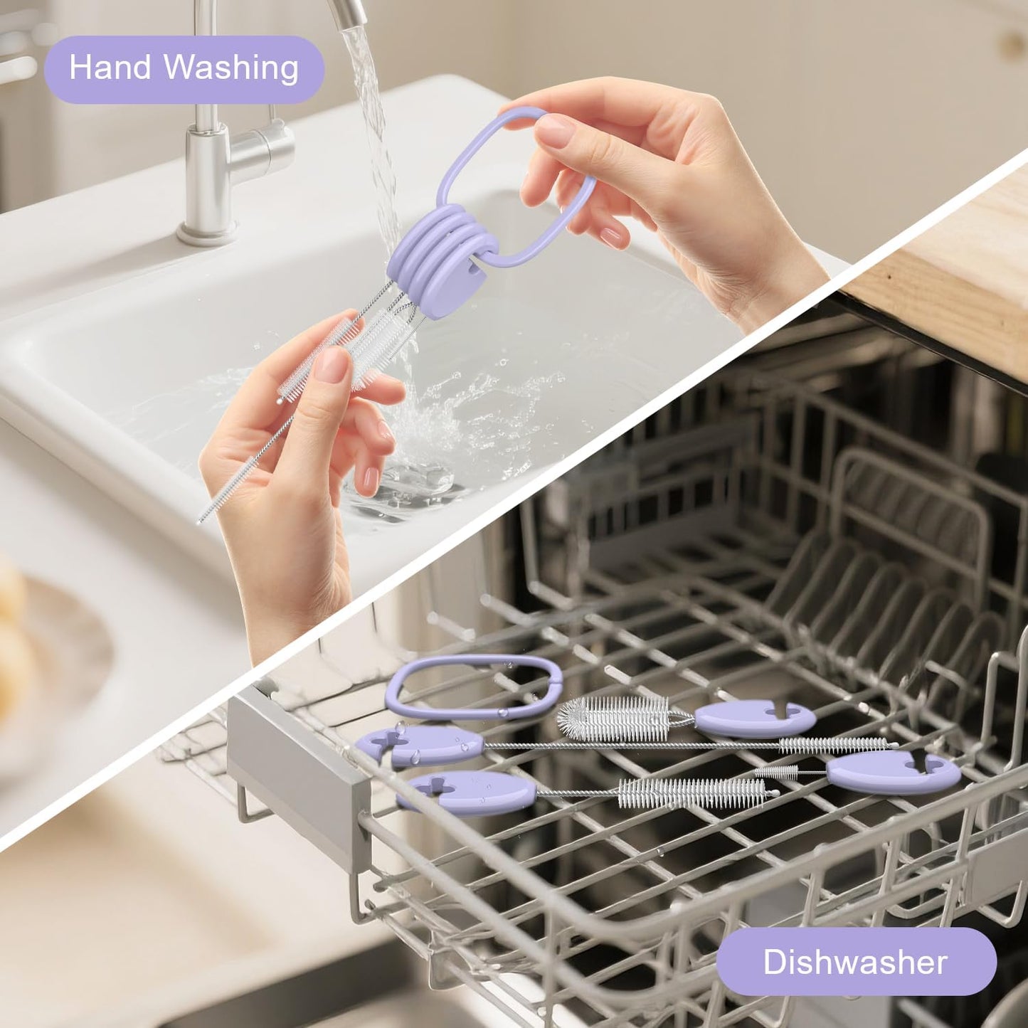 YOTIME Standing Straw Cleaner Brush Set, 4in1 Reusable Straw Brushes with Holder Ring, for Baby Bottles, Sippy Cups and Lids, Purple