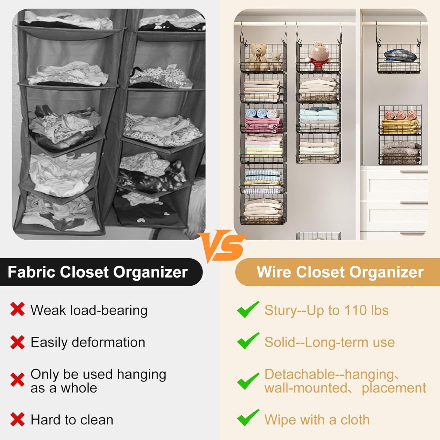 6 Tier Closet Hanging Organizer, Clothes Hanging Shelves with 4 Hanging Hooks 5 S Hooks, Wire Storage Basket Bins, for Clothing Sweaters Shoes Handbags Clutches Accessories Patent Design-Black