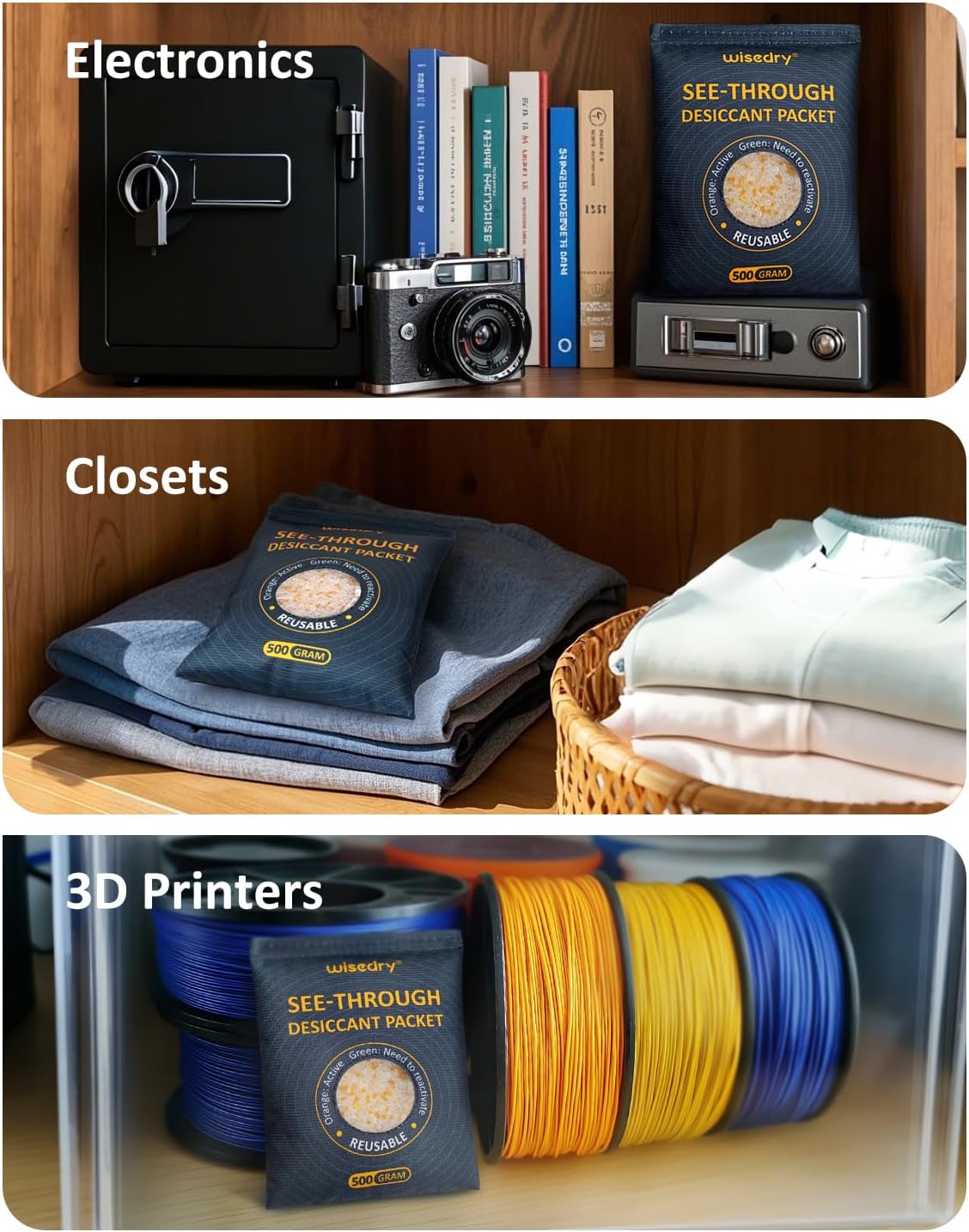 wisedry 4 x 500 Gram See-Through Silica Gel Packets, Color-Indicating Desiccant Packs for Storage, Reusable Safe Dehumidifier, Heat Resistant Dehumidifier Bags