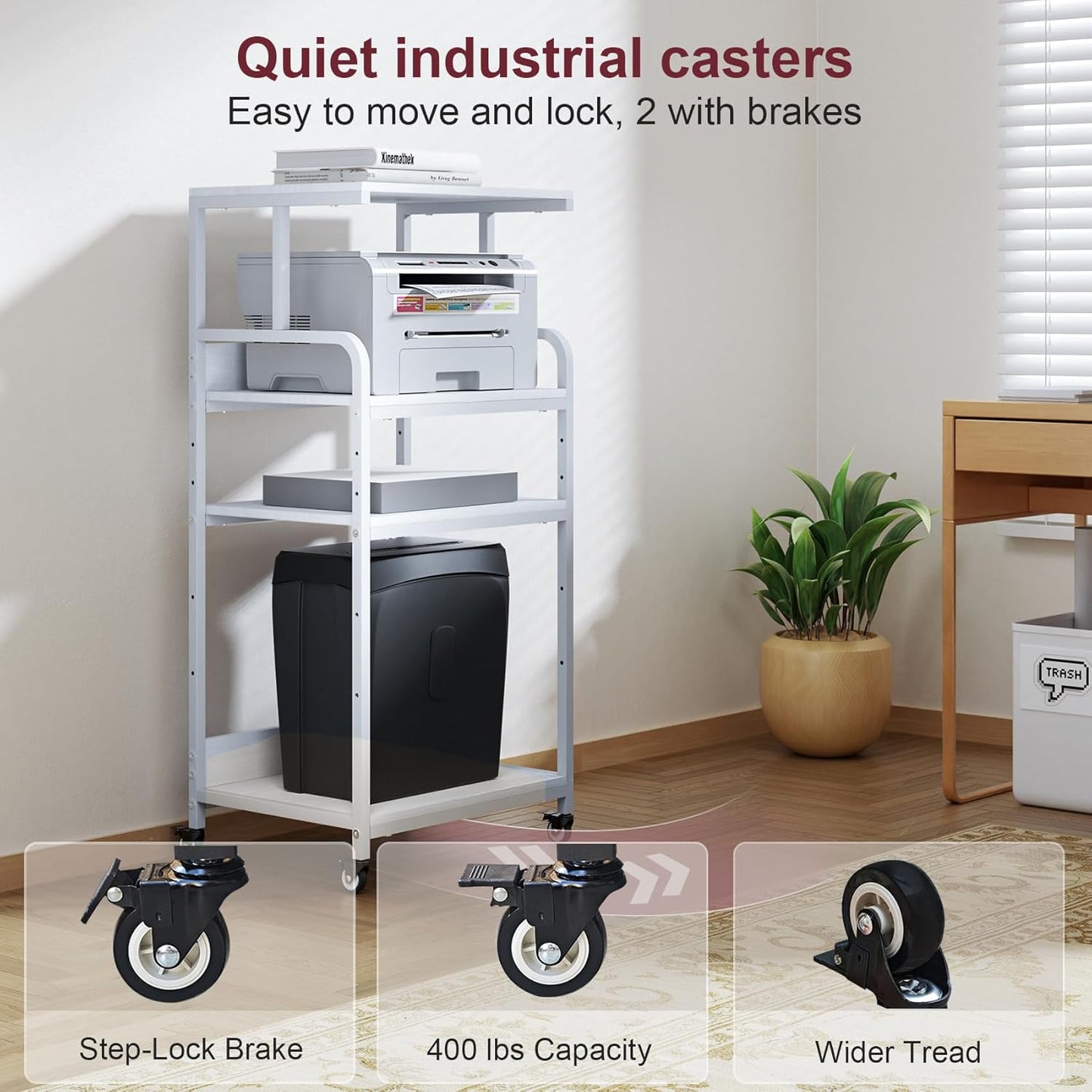 4 Tier White Printer Stand with Storage Shelf, Large Tall Printer Table for Home Office, Rolling Printer Cart with Industrial Wheels for Paper Shredder Scanner Fax Heat Press Small Space (White)