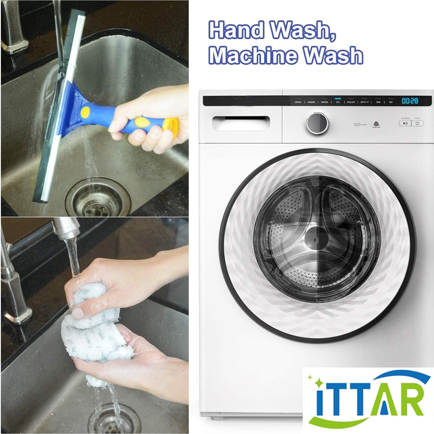 ‌ITTAR Window Squeegee Cleaner Kit, 5Ft Extendable Stainless Steel Pole with Rotatable Rubber Squeegee & 2 Microfiber Scrubber Pads, Professional Window Cleaning Tool for Home, Shower, Car, Windshield