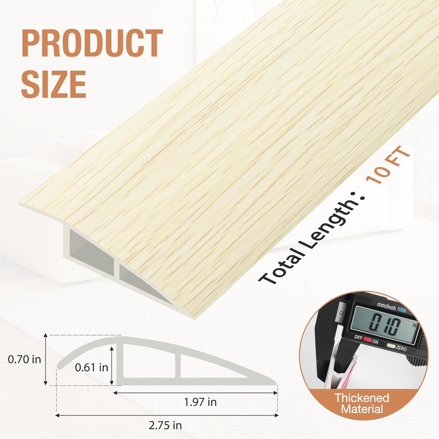 Floor Transition Strip Self Adhesive Vinyl Door Threshold for Doorways Carpet Edging Trim Overlap Edge Reducer for Laminate Floor, Carpet, Tile (Beige Wood Grain, 2/5" to 3/5", 10Ft)