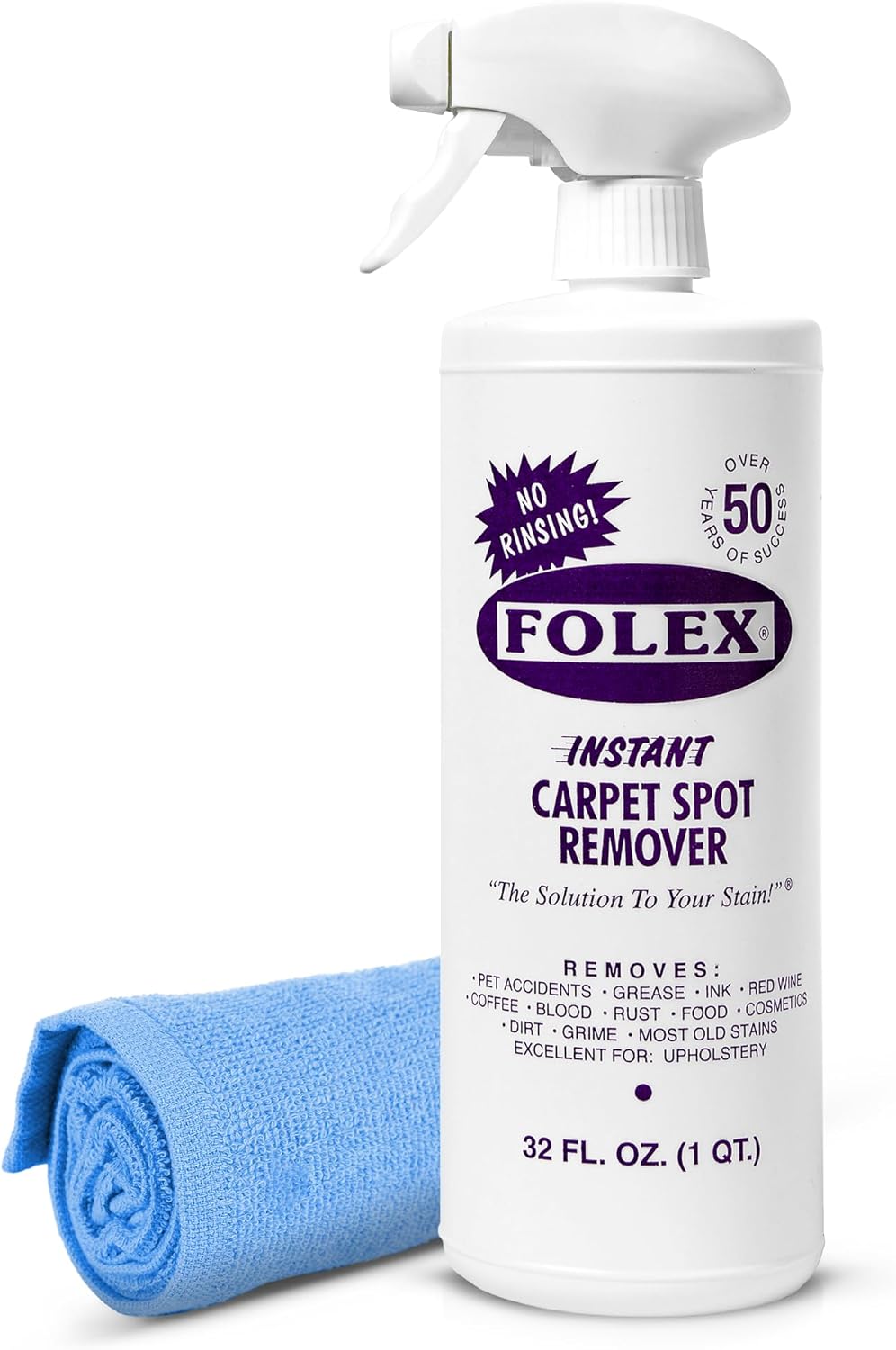 FOLEX Instant Carpet Spot Remover 32 oz – Powerful Stain Remover for Carpets, Upholstery & Rugs – Eliminates Pet Stains, Grease, Red Wine, Food, Makeup & More – With Reusable Cleaning Cloth – 1 Pack