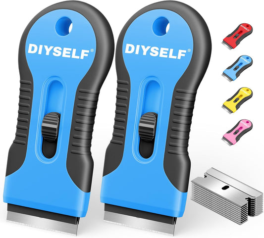 DIYSELF 2 Pack Razor Blade Scraper with 10 PCS Replacement Mental Blades, Heavy-Duty Razor Scraper, Professional-Grade Razor Blade Scraper Tool, Reliable Glass Scraper for Cooktop, Kitchen, Oven