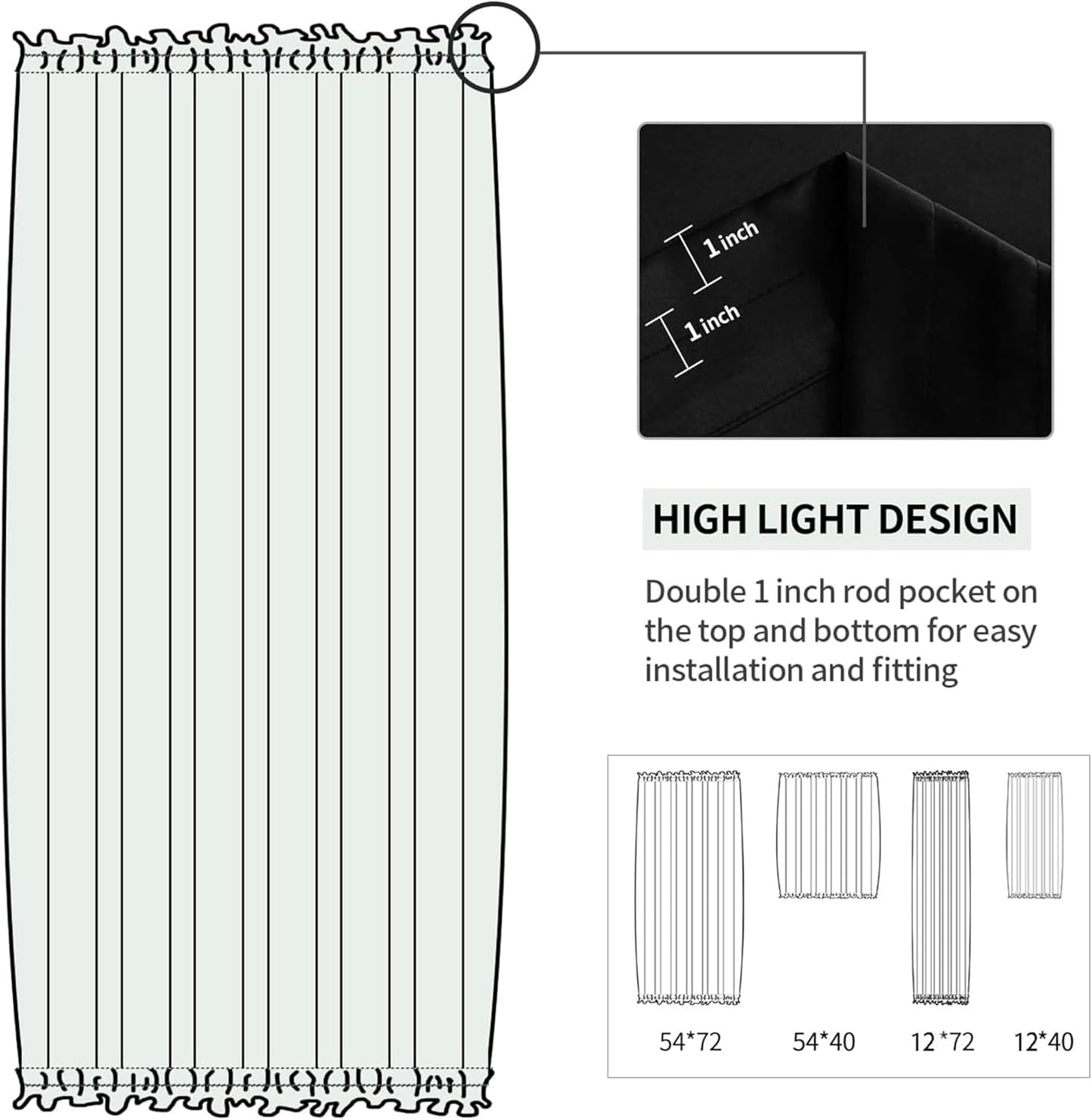 DWCN French Door Curtains – Rod Pocket Thermal Blackout Curtain for Window/Patio Doors/Doorways/Classroom/Kitchen for Privacy, 12W by 72L Inches, 1 Panel with Tieback, Black