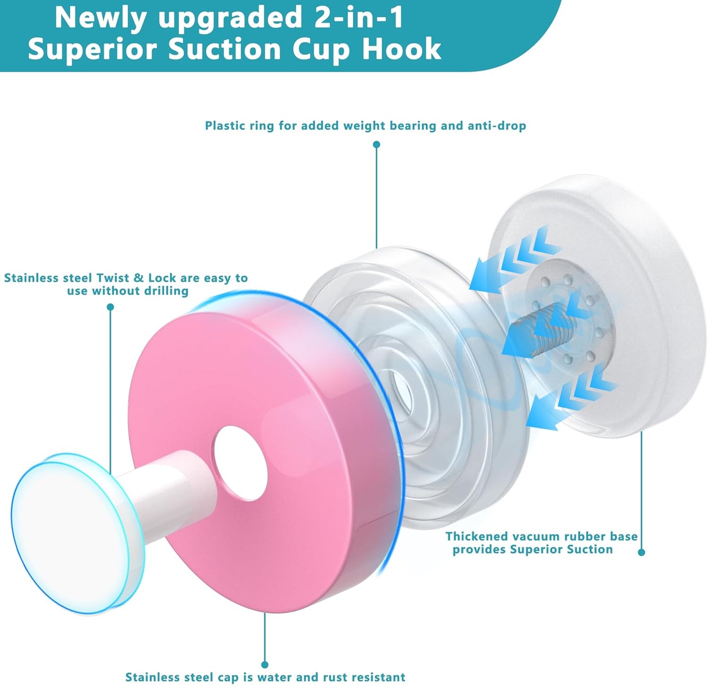 Suction Cup Hooks for Shower,Removable No Drill Towel Hooks,Upgraded 15 lbs Strong Suction hooks for Bathroom Tile,Shower Wall,Glass Door,Kitchen-Loofah,Coat,Stainless Waterproof-Pink White 2 Pcs