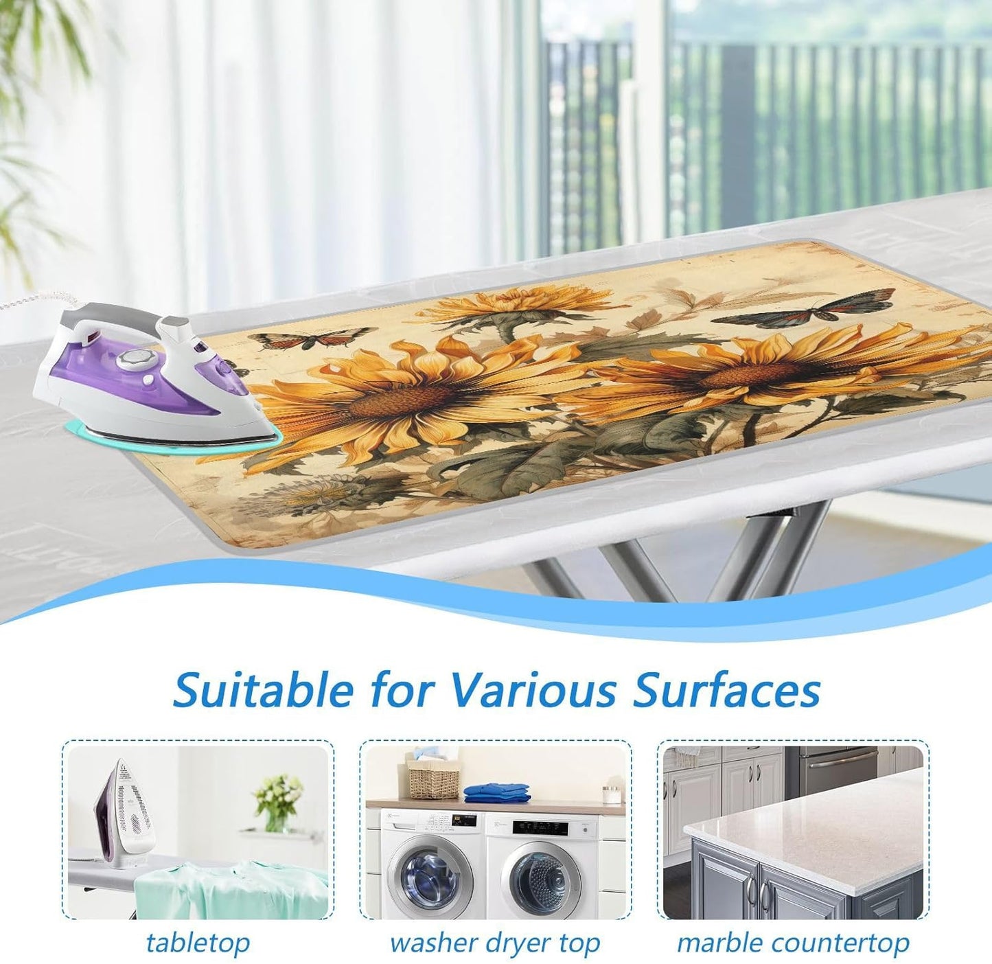 Retro Sunflowers and Butterflies Ironing Mat Thickened Ironing Blanket Travel Portable Double-Side Using Ironing Pad Travel Isolate Heat Pad Cover for Washer Dryer Table Top Countertop 27.6x47.