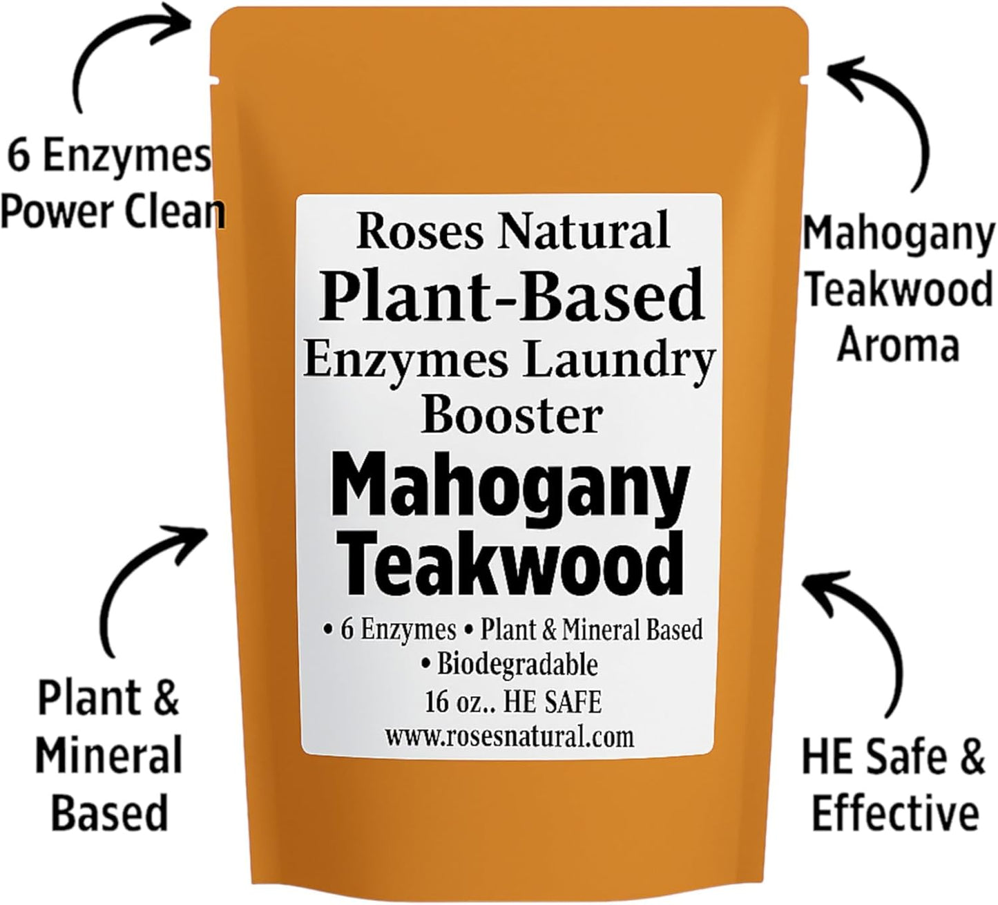 Natural Enzyme Laundry Booster – Mahogany Teakwood | Deep Clean for Sensitive Skin | Eco-Friendly, Biodegradable, HE Safe, 6 Enzymes Formula | 16 oz | Made in USA