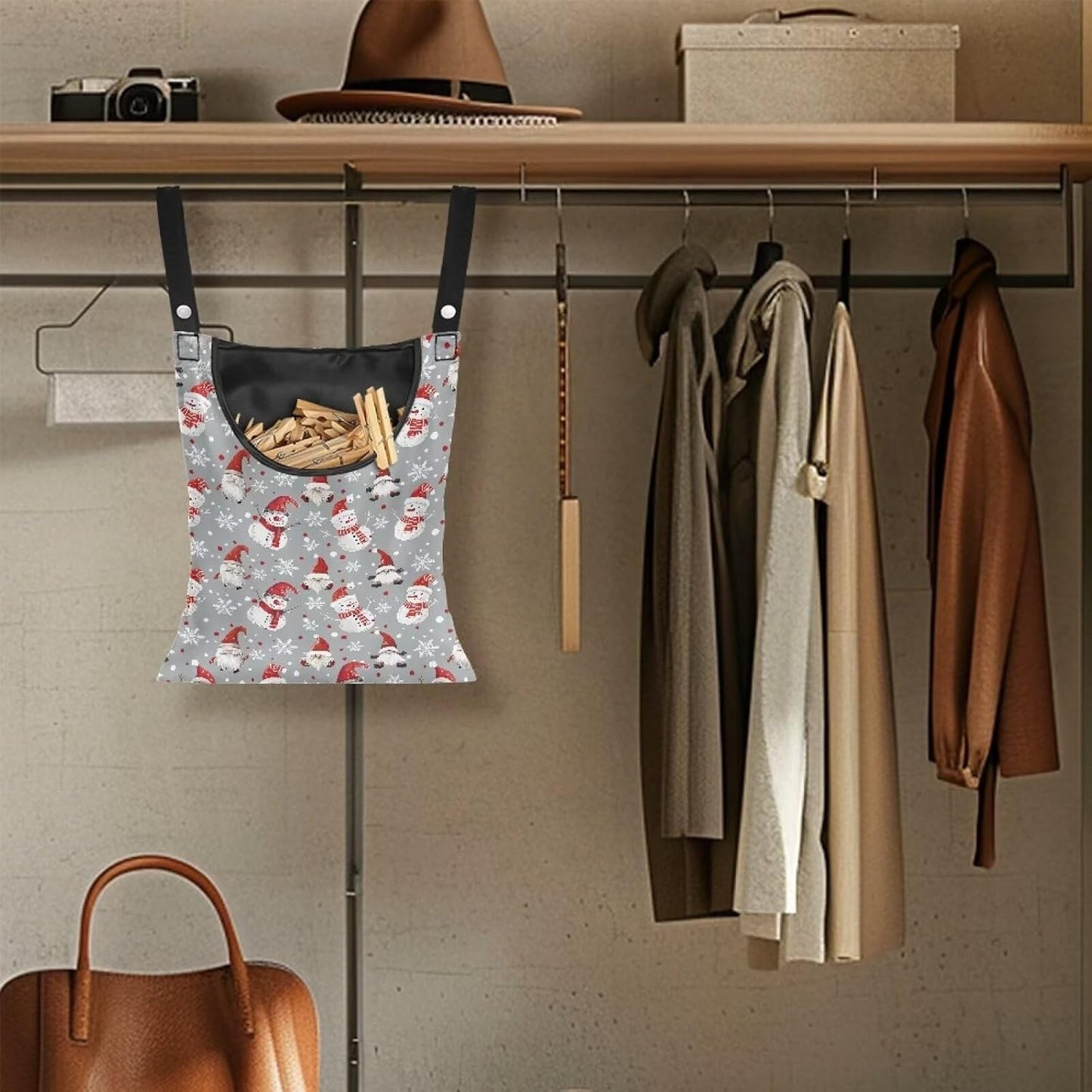 Cute Snowman Large Capacity 14.5 x 12 Inch Clothespin Bag with Hanging Hook Waterproof Clothes Pin Hanging Bag Clothespin Storage Organizer with Large Opening