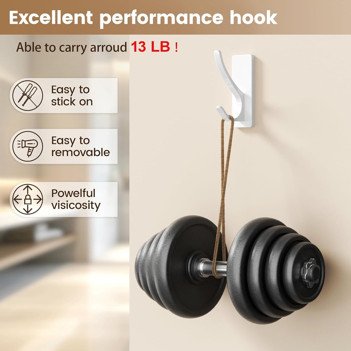 White Self Adhesive Coat Hooks for Hanging, Heavy Duty Stainless Double Wall Hook for Towel, Backpack, Hat, Sturdy Metal Hanger for Bathroom, Bedroom, Door, Wall Mounted, 4-Pack