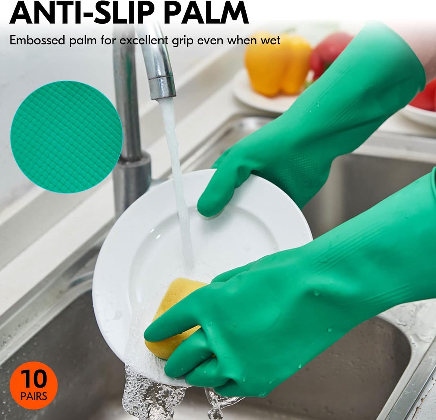 Vgo... 10-Pairs Reusable Household Gloves, Rubber Dishwashing gloves, Extra Thickness, Long Sleeves, Kitchen Cleaning, Working, Painting, Gardening, Pet Care (Size S, Green, HH4601)