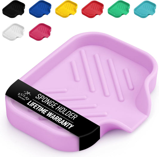 Zulay Kitchen Small Silicone Sponge Holder (4.9x3.3”) – Space-Saving Sink Organizer Tray for Sponge, Soap, Brush & More – Compact Non-Slip Dish for Kitchen & Bathroom (Lavender)