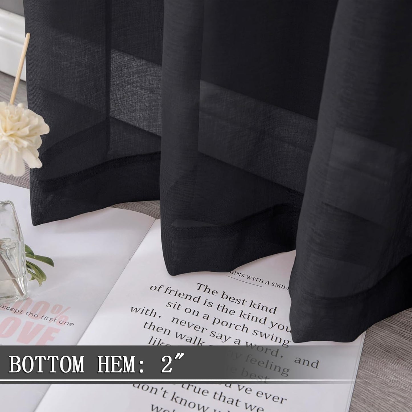 Tollpiz Short Sheer Curtain Living Room Linen Textured Curtains Sheer Light Filtering Voile Rod Pocket Curtain for Bedroom, 38 x 54 inches Long, Black, Set of 2 Panels