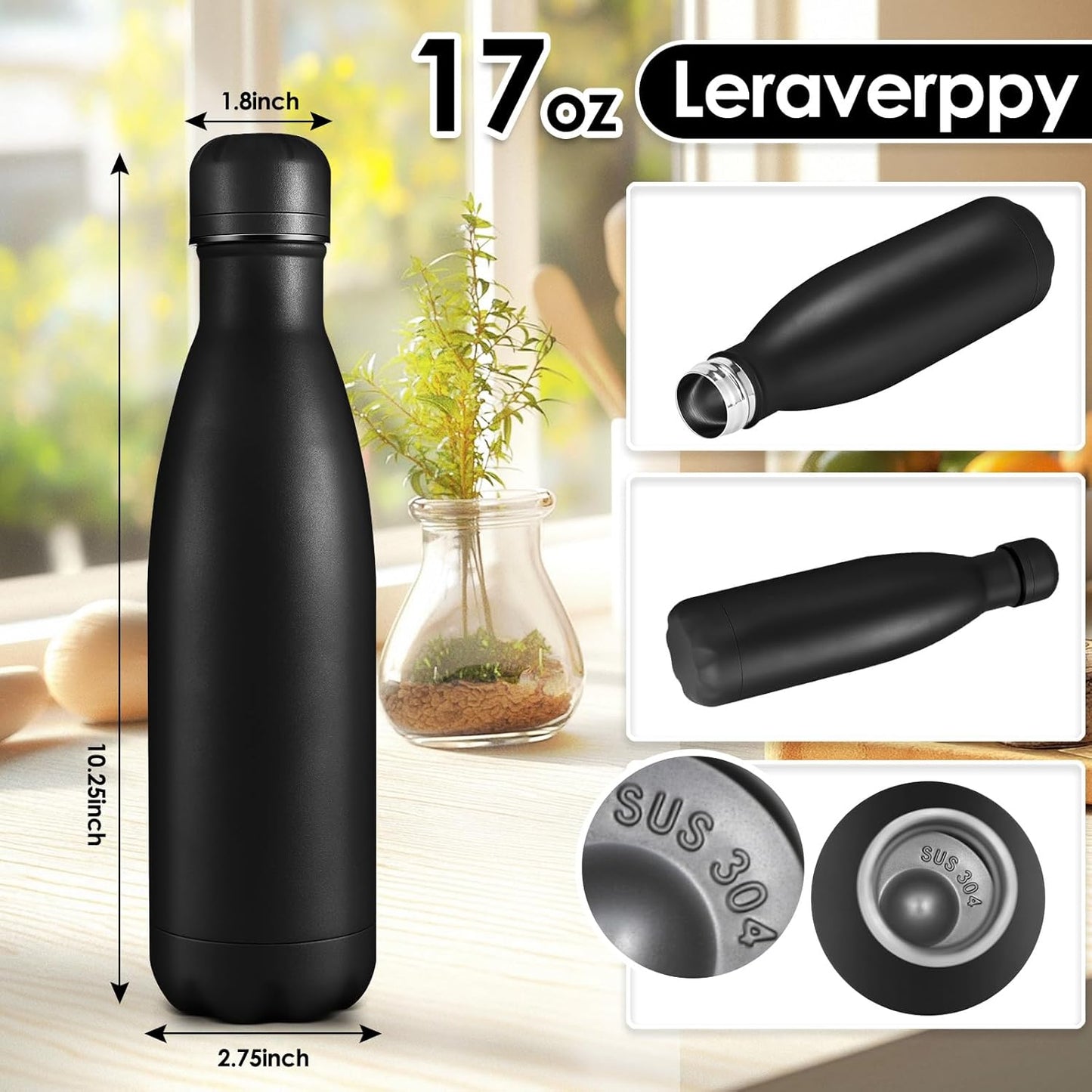 17oz Cola-Bottle Shaped Stainless Steel Leak-proof Water Bottle,Double Wall Vacuum Insulated Metal,Travel Mug For Sports Indoors & Outdoors,BPA-Free School Kids Flasks,Black(8 Pack)