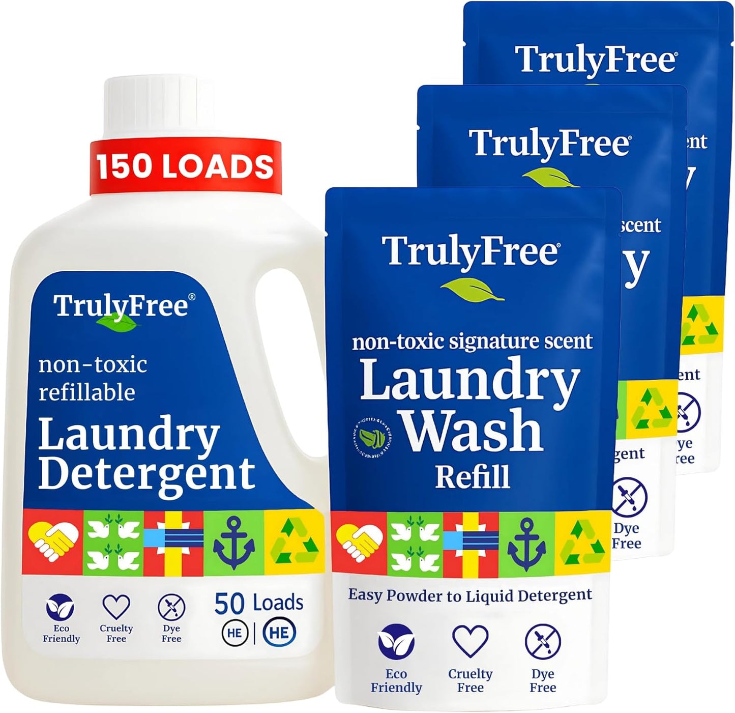 Truly Free Natural Laundry Detergent for Sensitive Skin | Eco Friendly, Plant Based, Baby Clothes Safe | Clean & Easy Powder to Liquid, 3 Pack Detergent + 1 Refillable Jug | Signature Scent 150 Loads