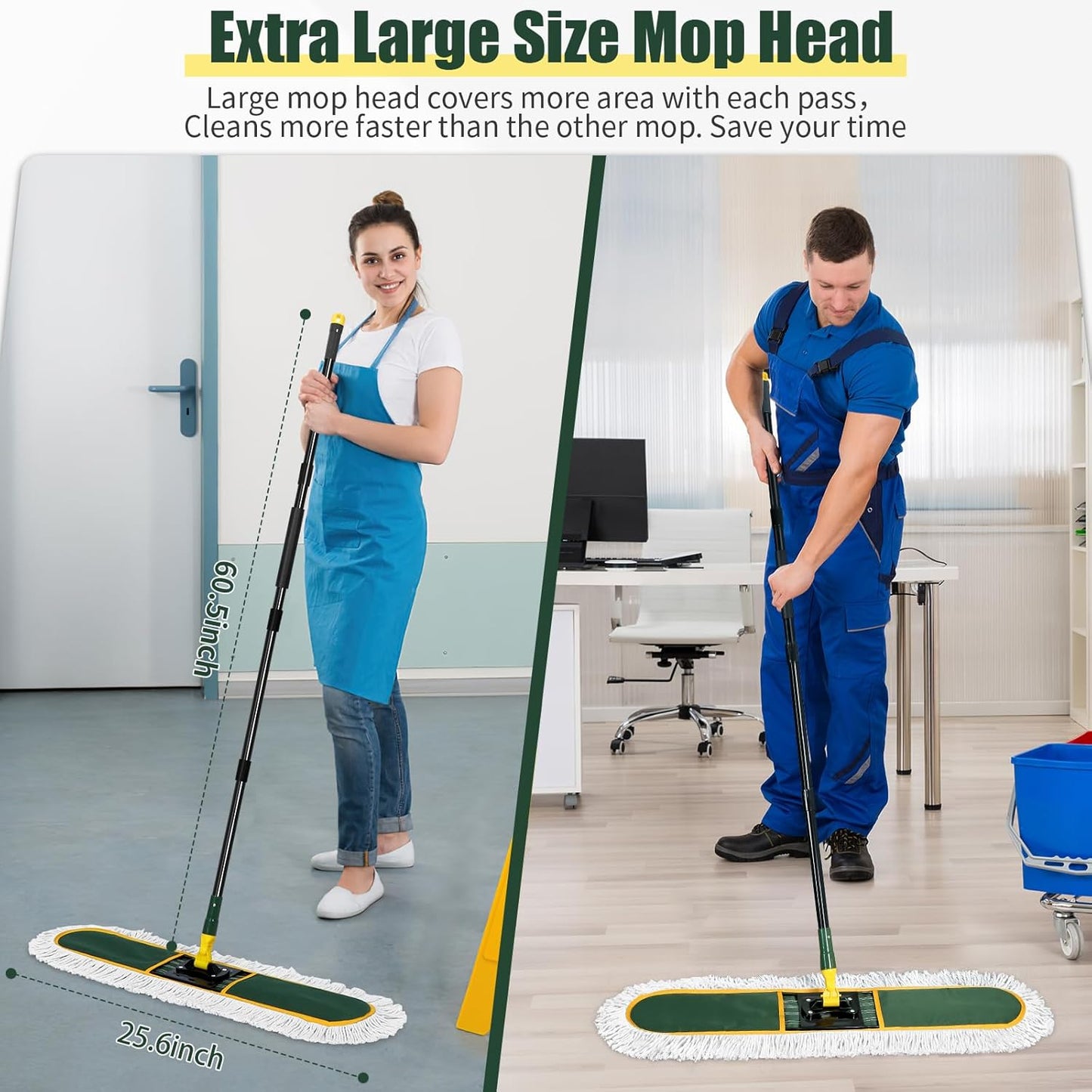 24" Commercial Dust Mop for Floor Cleaning, Heavy Duty Large Mop with Replacement Mops Pads, Industrial Duster Floor Wet Dry Broom for Cleaning Office Garage Hardwood Warehouse (Green, 24" mop)