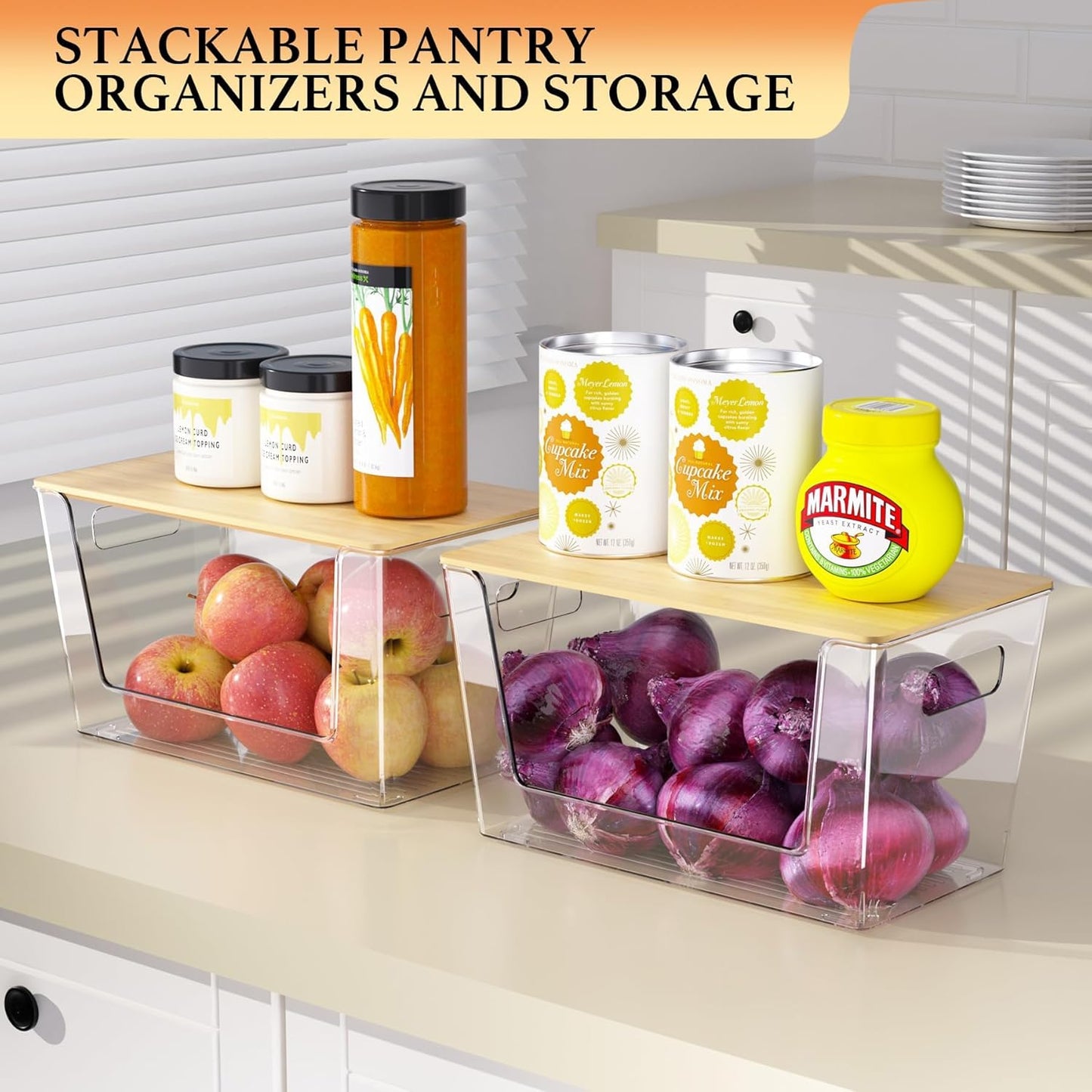 4-Pack Stackable Potato & Onion Storage Bins with Ventilated Design & Removable Dividers - Eco-Friendly Bamboo Vegetable Containers for Pantry, Kitchen Countertop - Garlic, Veggies, Produce Organizer