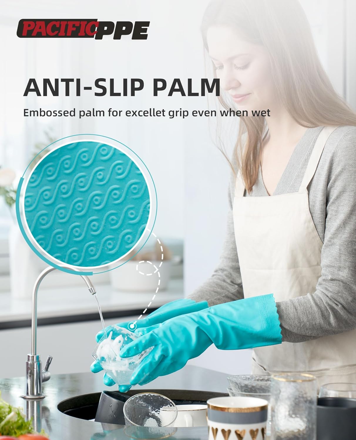 PACIFIC PPE 4 Pairs Reusable Dishwashing Cleaning Gloves, Household, Kitchen, Cotton Liner, Green, Small