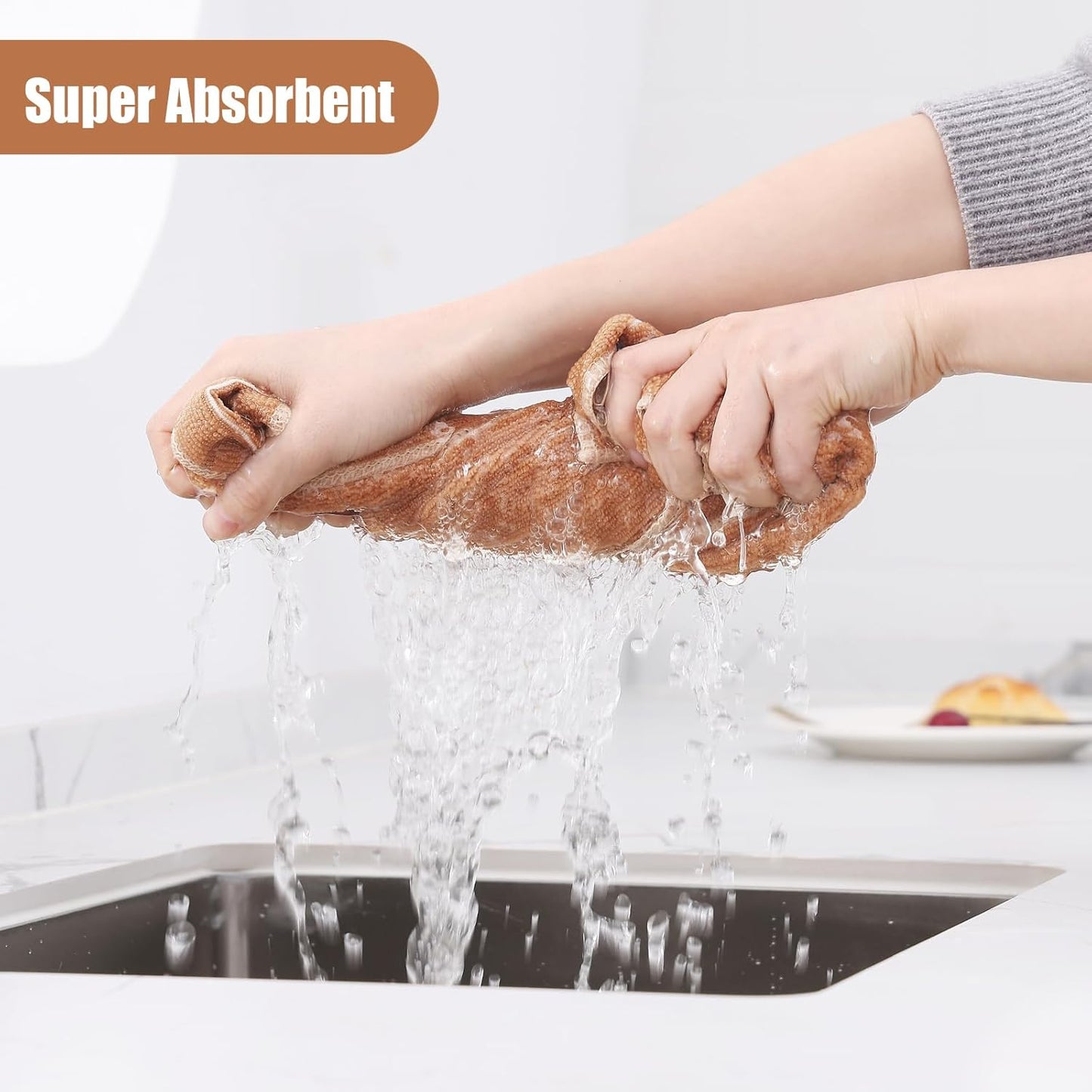 Homaxy Microfiber Kitchen Towels and Dishcloths Set, 12 Pack Soft and Absorbent Dish Hand Towels Bulk, 28 x 16 Inch & 12 x 12 Inch Quick Drying Rags for Washing Dishes, Camel