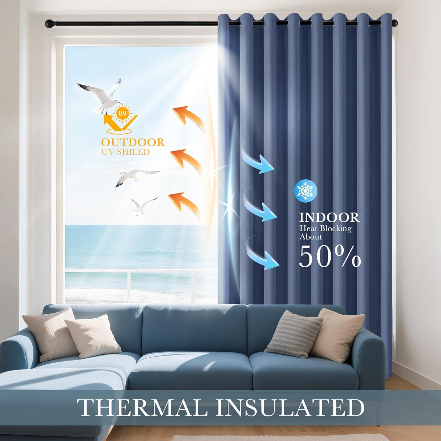 PONY DANCE Blue Haze Blackout Curtains - Thermal Isulated Room Darkening Drapes for Bedroom/Living Room, Set of 2 Curtain Panels, 55 x 80 inch