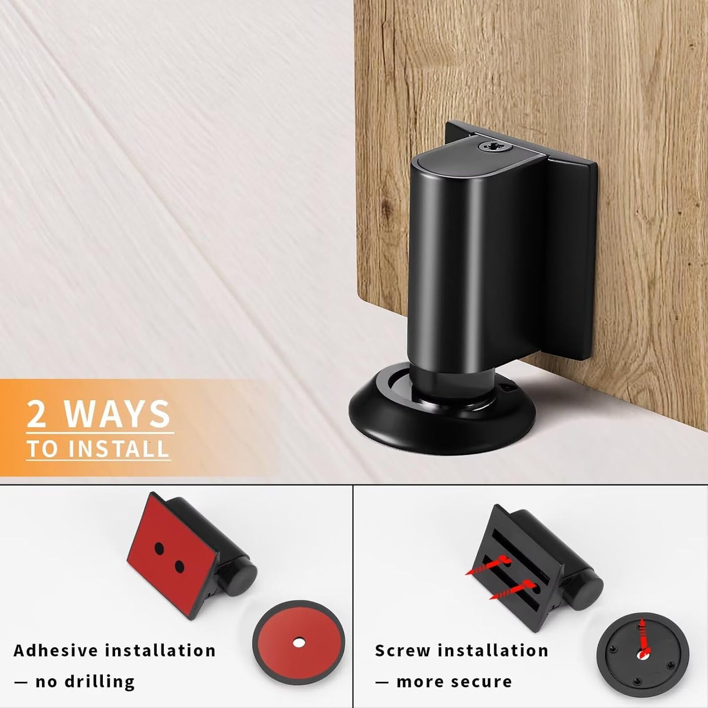 Bak Bo Magnetic Door Stoppers 2 Pack Bottom of Door Holder Keep Door Open No Drilling Magnet Floor Door Stop with Screws and Adhesive Matte Black DS268MB-2