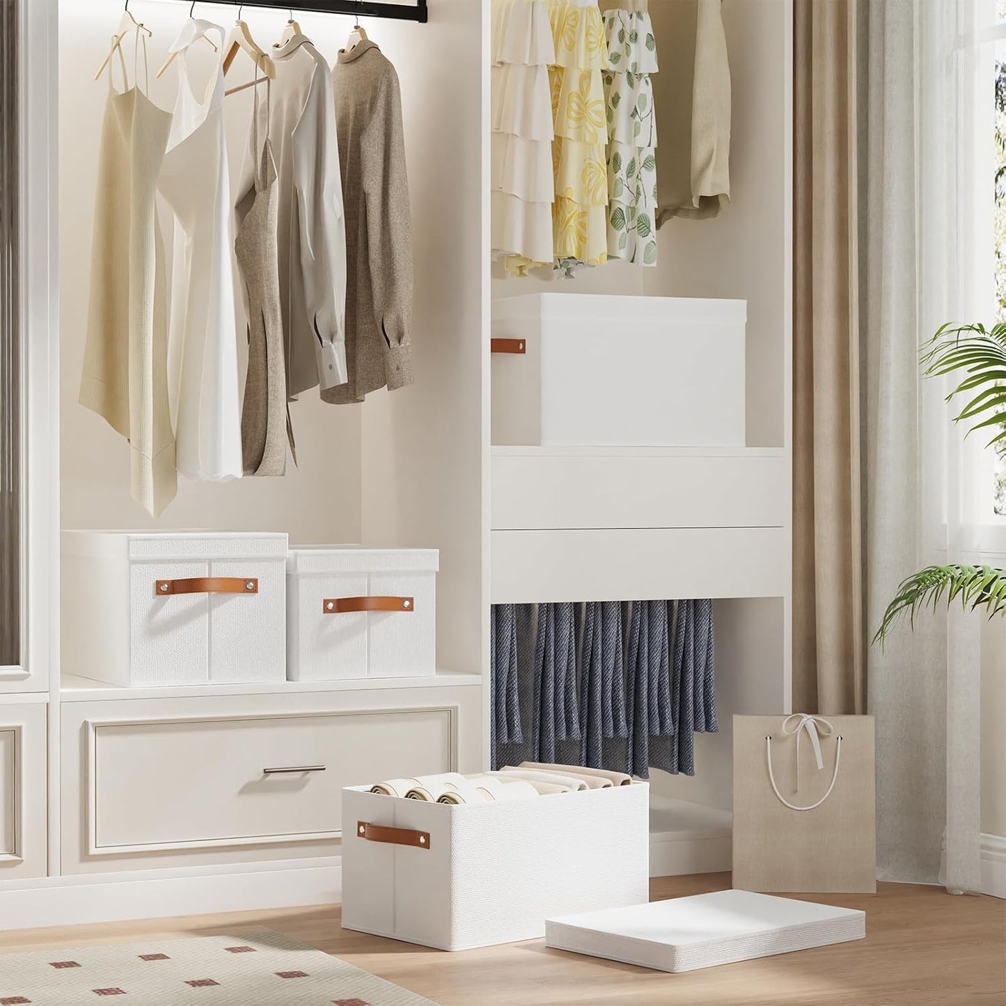 Fabric Storage Bins, 7.1 x 9.1 x 13 Inch Clothes Boxes for Shelves with Lids, Baskets for Organizing with Handles, Decorative Linen Closet Organizers, White, 3 Pack