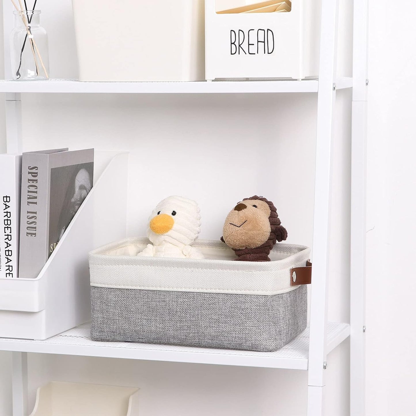 DULLEMELO Small Collapsible Fabric Basket for Organizing, Shelves, Closets, Laundry, Nursery, Decorative Gift Basket (White & Gray)