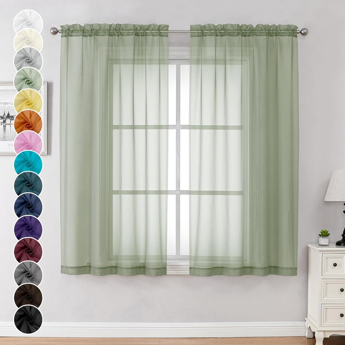 Chyhomenyc Sage Green Sheer Curtains 54 Inch Long 2 Panels Set, Short Rod Pocket Voile Drapes for Dinning Small Windows Bathroom Living Room Bedroom, Each 42Wx54L in, 2PCS, Sage Green