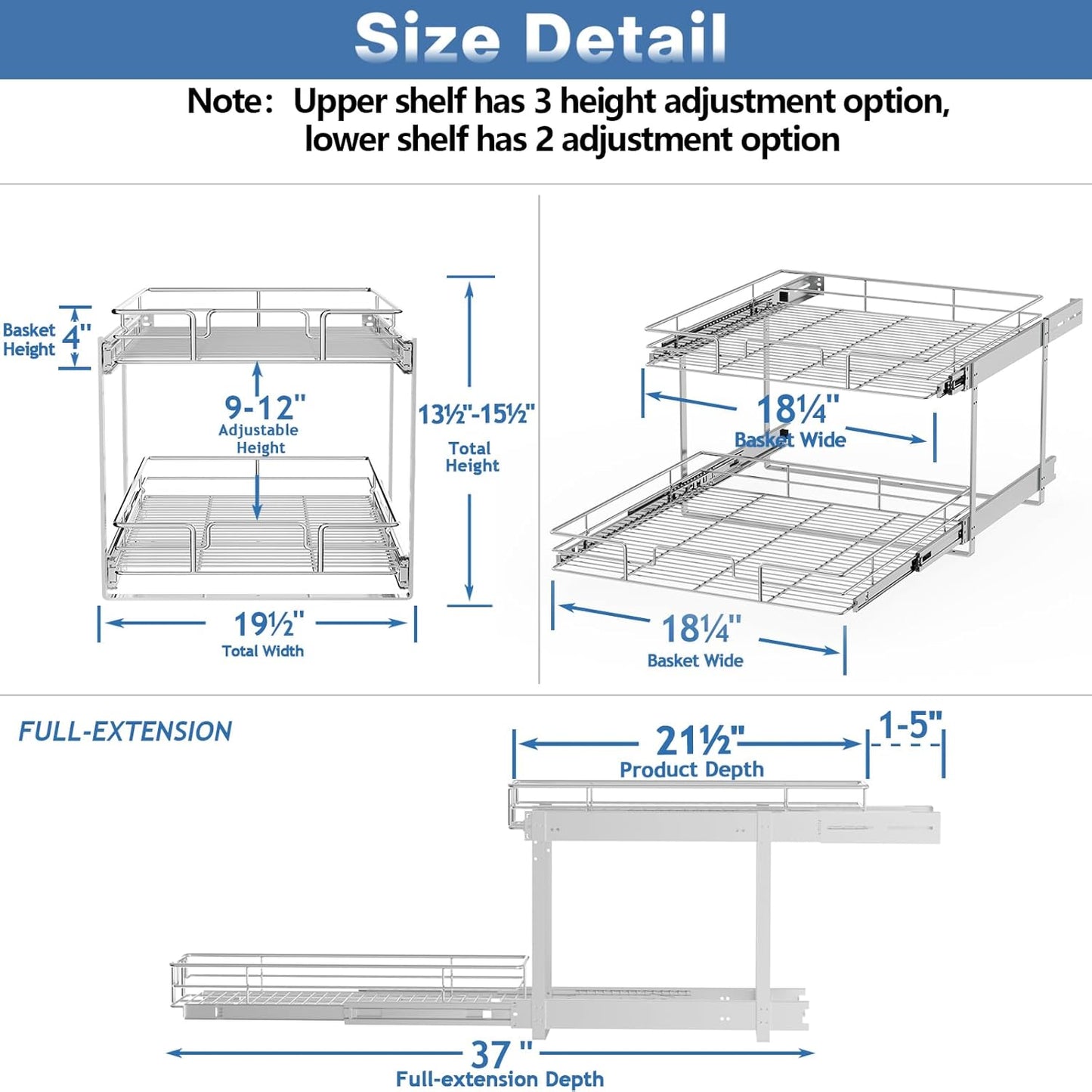 2 Tier Individual Pull Out Cabinet Organizer 19½" W x 21½" D, Heavy Duty Cabinet Pull Out Shelves, Slide Out Drawers Organization for Kitchen Cabinets Bathroom