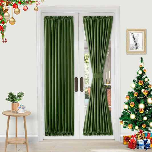 DWCN French Door Curtains – Rod Pocket Thermal Blackout Curtain for Window/Patio Doors/Doorways/Classroom/Kitchen for Privacy, 23W by 72L Inches, 1 Panel with Tieback, Olive Green