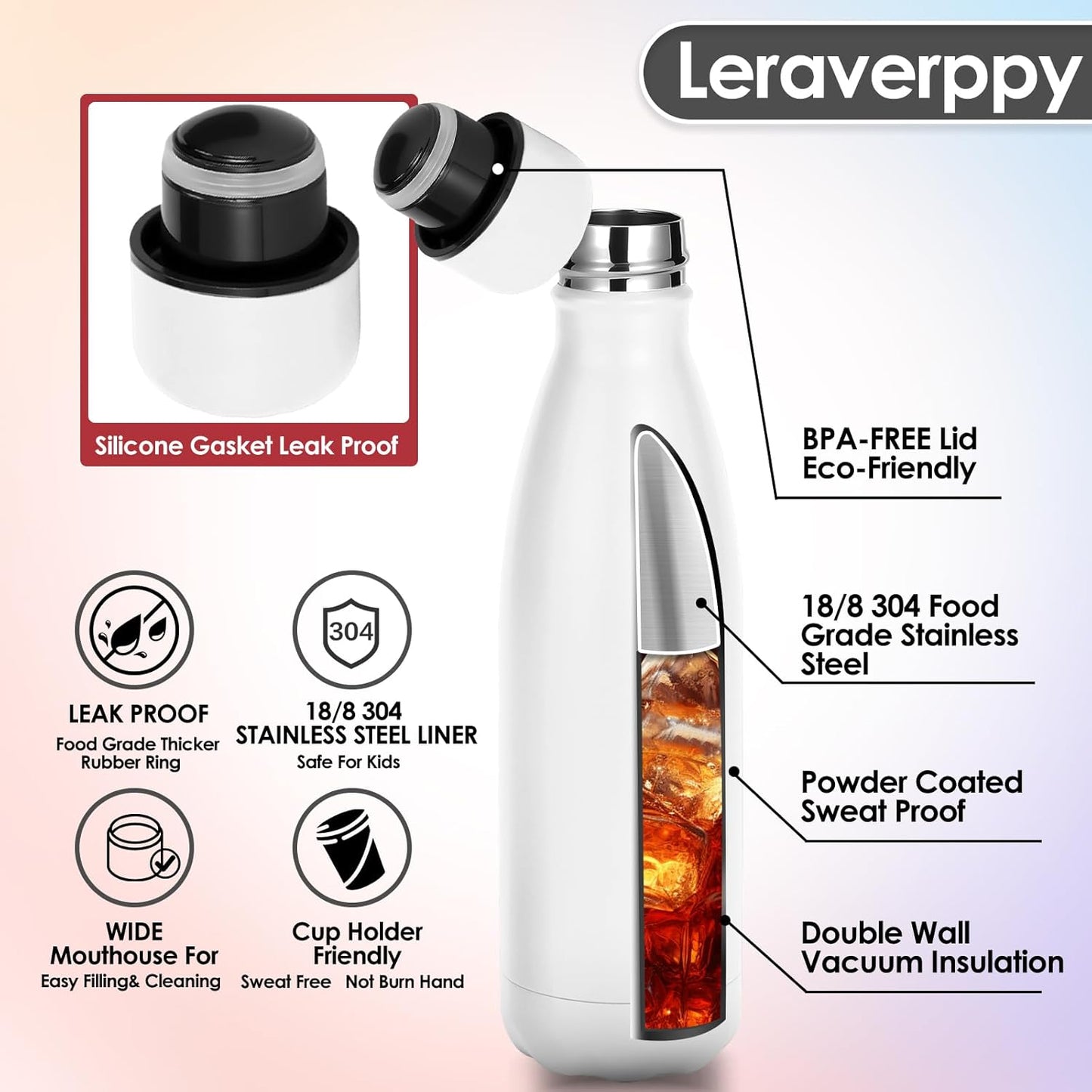 25oz Cola-Bottle Shaped Stainless Steel Leak-proof Water Bottle,Double Wall Vacuum Insulated Metal,Travel Mug For Sports Indoors & Outdoors,BPA-Free School Kids Flasks,White(4 Pack)