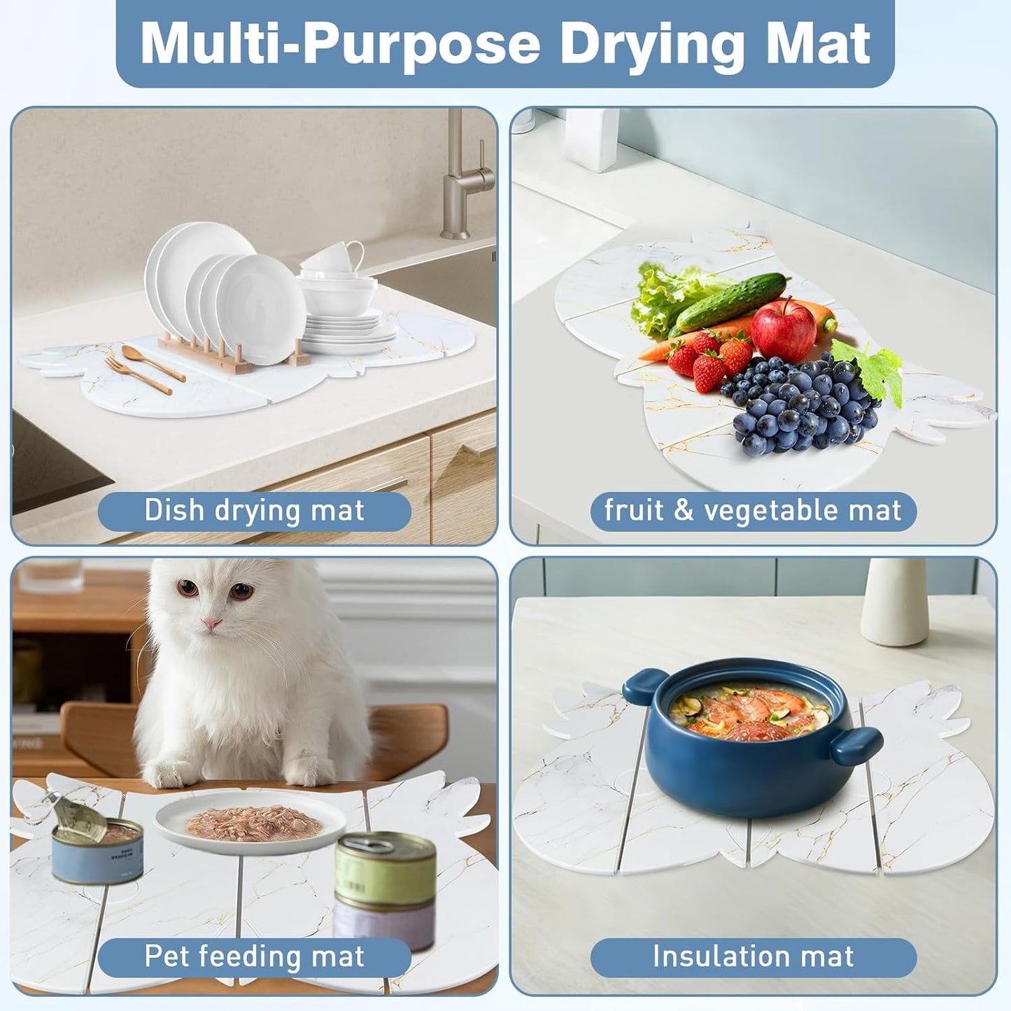 Large Stone Dish Drying Mat for Kitchen Counter,24"(L)×16"(W) Quick Dry Absorbent Diatomaceous Earth Dish Drying Mats,Owl Shape Design Drying Pads for Cups Dishes Bottles (White)