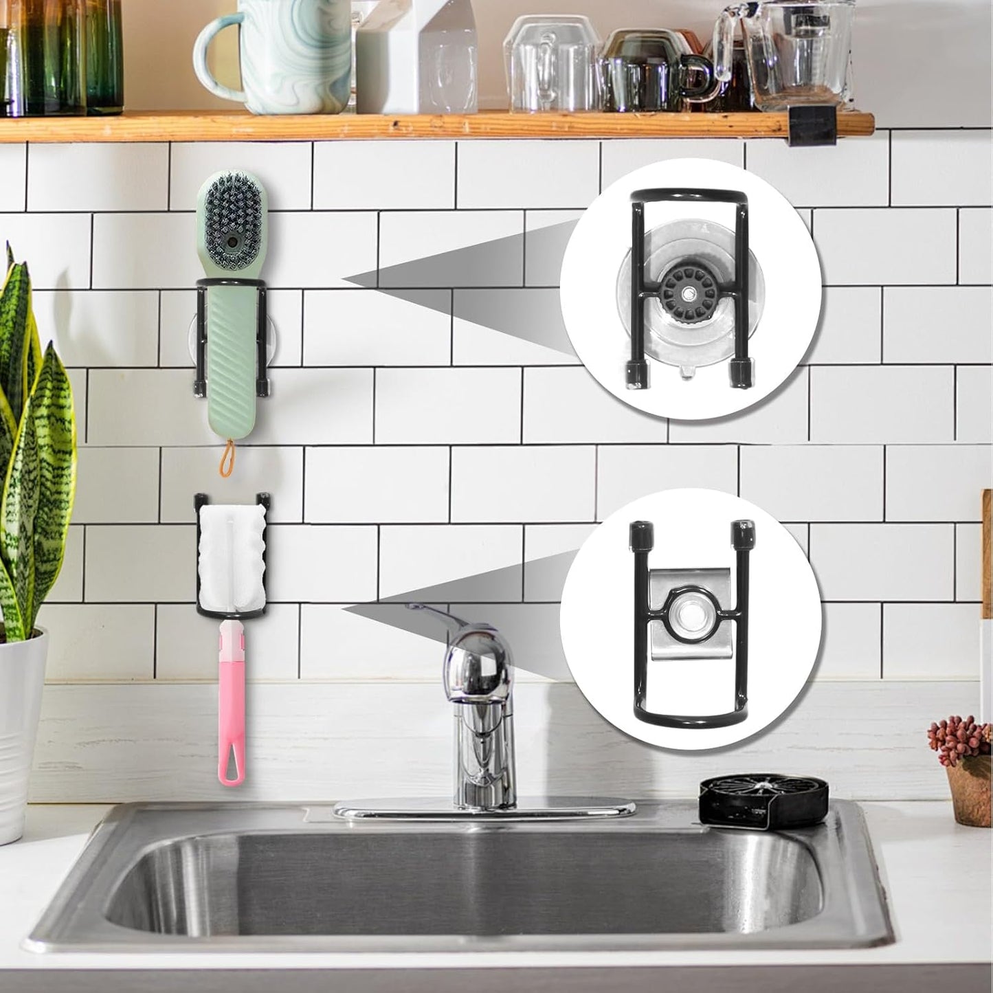 Sink Brush Holder, Magnetic Kitchen Sink Caddy Holder, Soap Dispensing Palm Brush Holder, Sink Drain Frame- Black