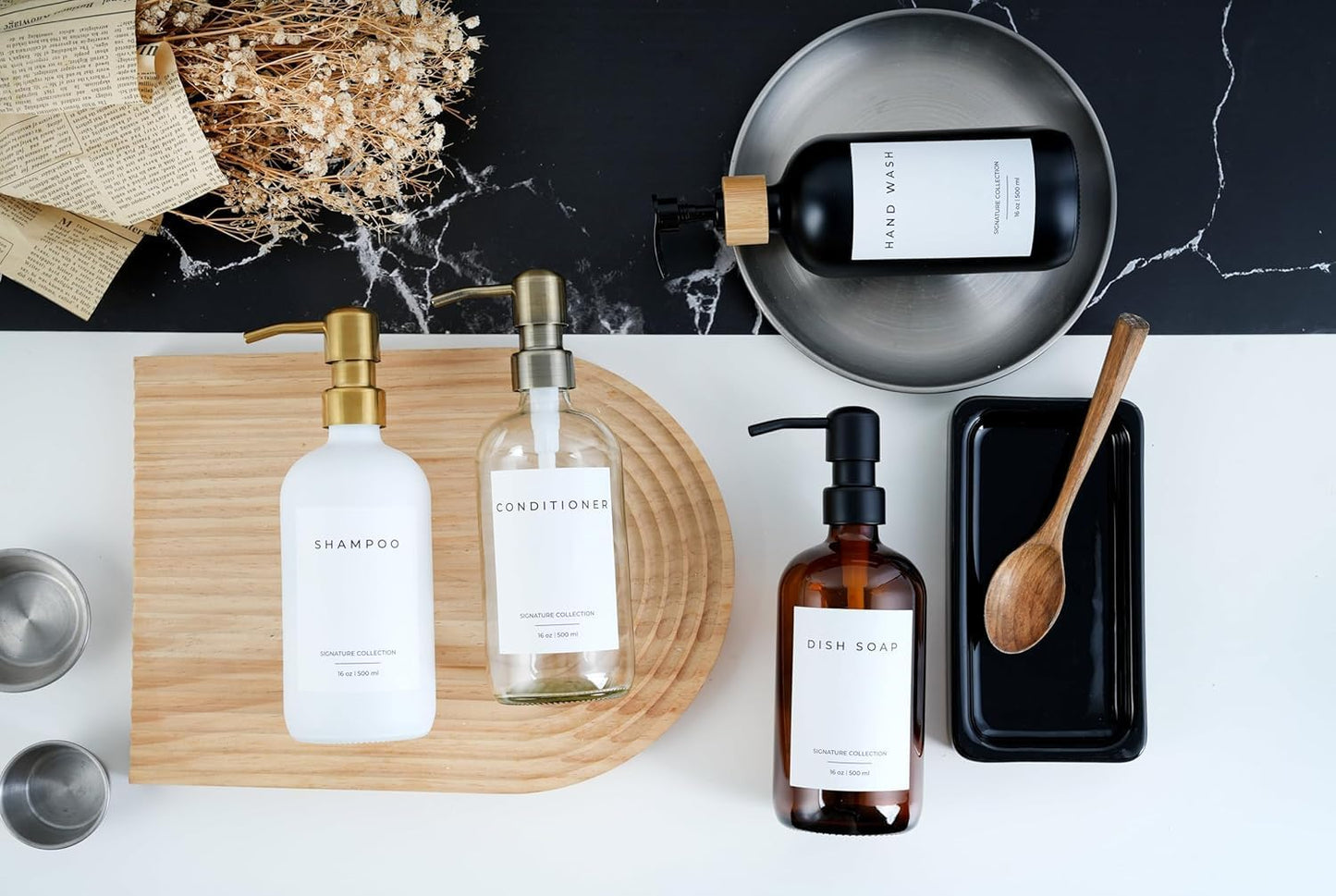 Emerson Essentials Glass Soap Bottle Dispensers, 2 Pack, Stainless-Steel Pumps Rust-Free, Hand Set for Bathroom Kitchen Sink, Liquid Lotion Shampoo Jars with 4 Waterproof Labels, 16 Oz Frost