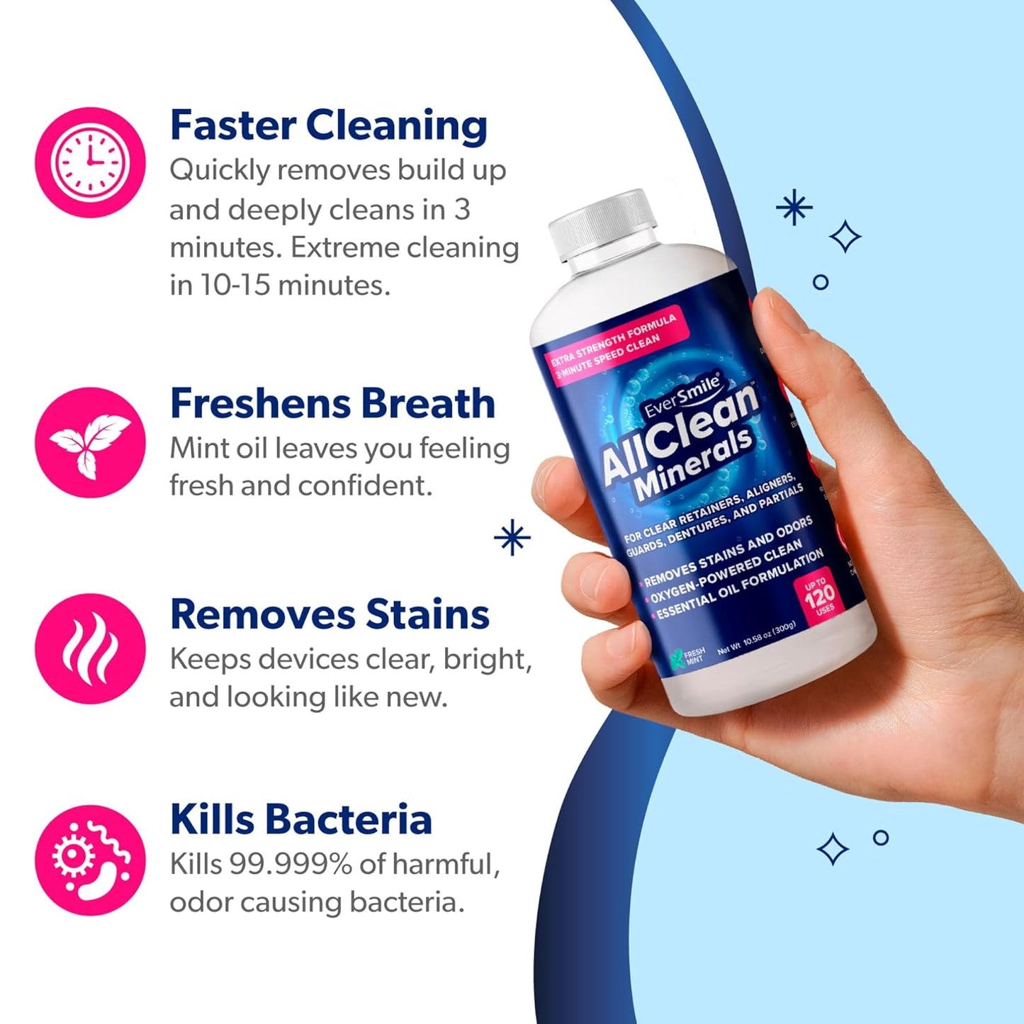 EverSmile AllClean Minerals – Deep Cleaner for Retainers, Clear Aligners, Invisalign, Dentures, Night & Mouth Guards – Removes Stains, Odors & Plaque in 3-Minutes – Up to 120 Uses (300g), 3 Pack