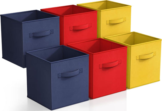 Sorbus Storage Cubes - 11" Foldable Storage Bins with Handle for Nursery, Playroom, Closet Organizers and Storage - 6 Fabric Shelf Basket for Toys, Books, Clothes - Yellow Navy & Red Storage Bins