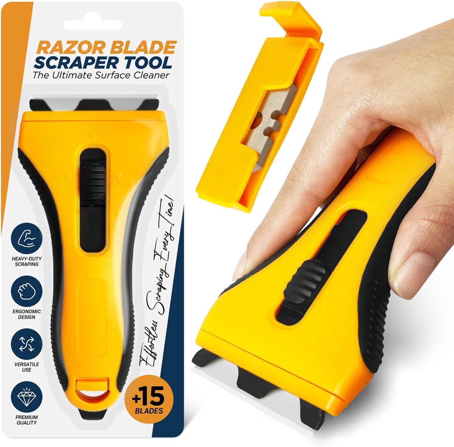 Razor Blade Scraper Tool With 15 Extra Blades - Razor Scraper Tool for Glass, Stove Top Scraper, Scraper Tool for Kitchen, Paint, Glass, Window, Cleaning