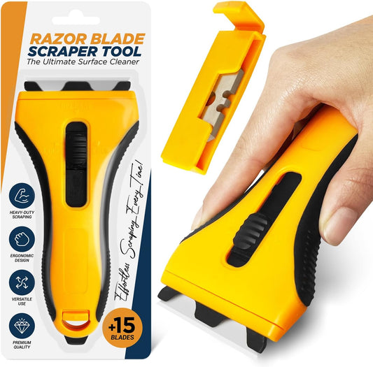 Razor Blade Scraper Tool With 15 Extra Blades - Razor Scraper Tool for Glass, Stove Top Scraper, Scraper Tool for Kitchen, Paint, Glass, Window, Cleaning