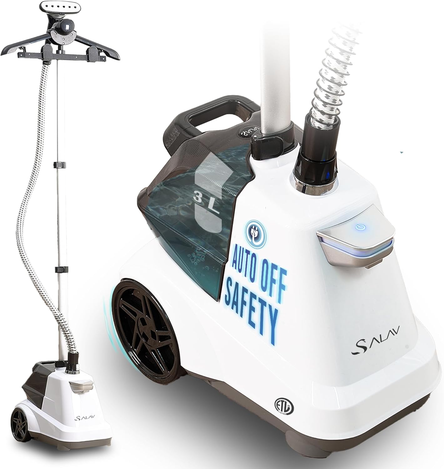 SALAV Commercial-Grade Standing Garment Steamer for Clothes with Auto-Off Safety 1800W Powerful Steam X-Large 3L Water Tank, 90-Min Continuous Use, Pedal-Control System, Beeps when Out of Water, White
