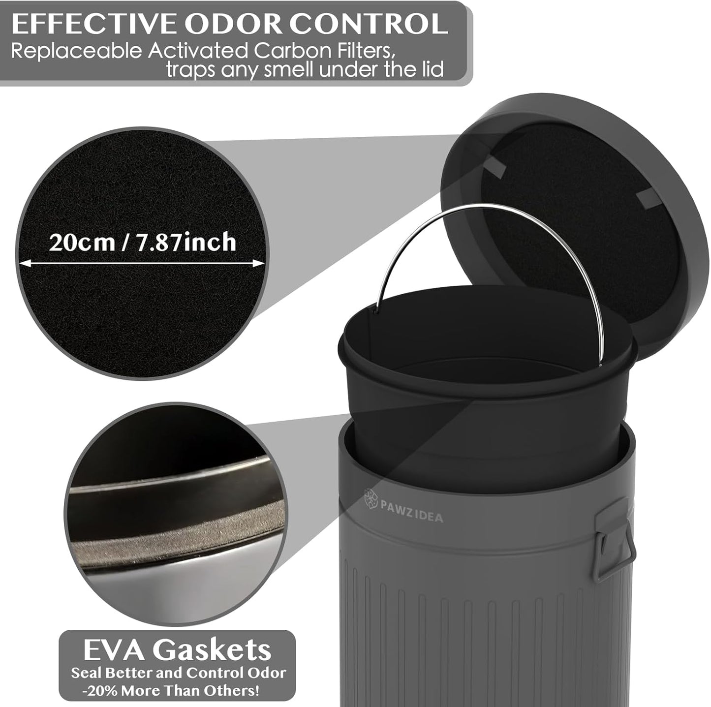 PAWZIDEA Dog Poop Trash Can Outside Odor Control, 3.1Gallon Large Pet Poop Can Outdoor with Lid No Smell, Waterproof Pet Waste Trash Can, Dog Waste Station Step Garbage Can Bin Container Backyard,Grey