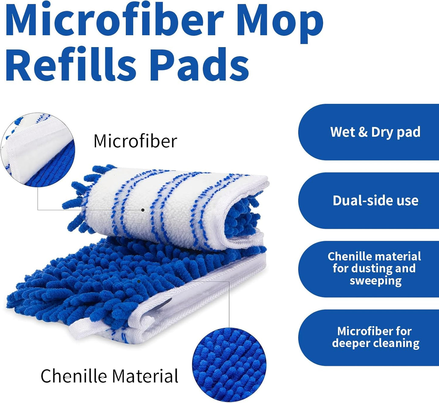 2 Pack Flip Mop Refills Compatible with O Cedar Mop, Flat Dust Mop Head Replacement for Dry & Wet Use, Chenille + Microfiber Mop Cover Pad for Deeper Cleaning, Double Sided Use for Hardwood Floor