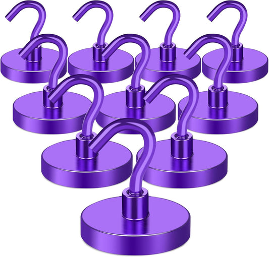 MIKEDE Magnetic Hooks,150LB Heavy Duty Magnets with Hook for Fridge, Strong Magnet Neodymium Industrial Hooks Hanging, Hanger Toolbox, Cruise(Purple, 10 Pack)