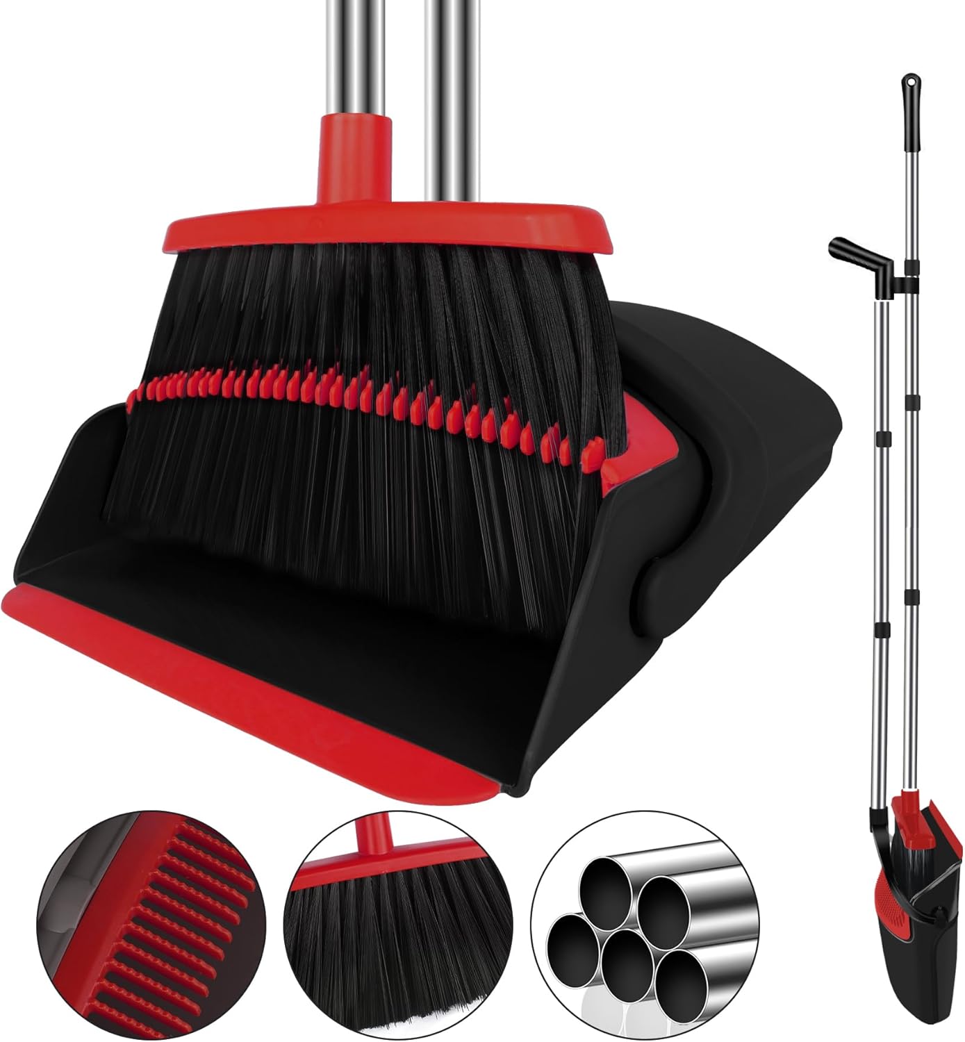 Broom and Dustpan Set for Household, Red Broom with Dustpan Combo Set, 51" Long Handle Dust pan Set for Dog Cat and Hair Clean