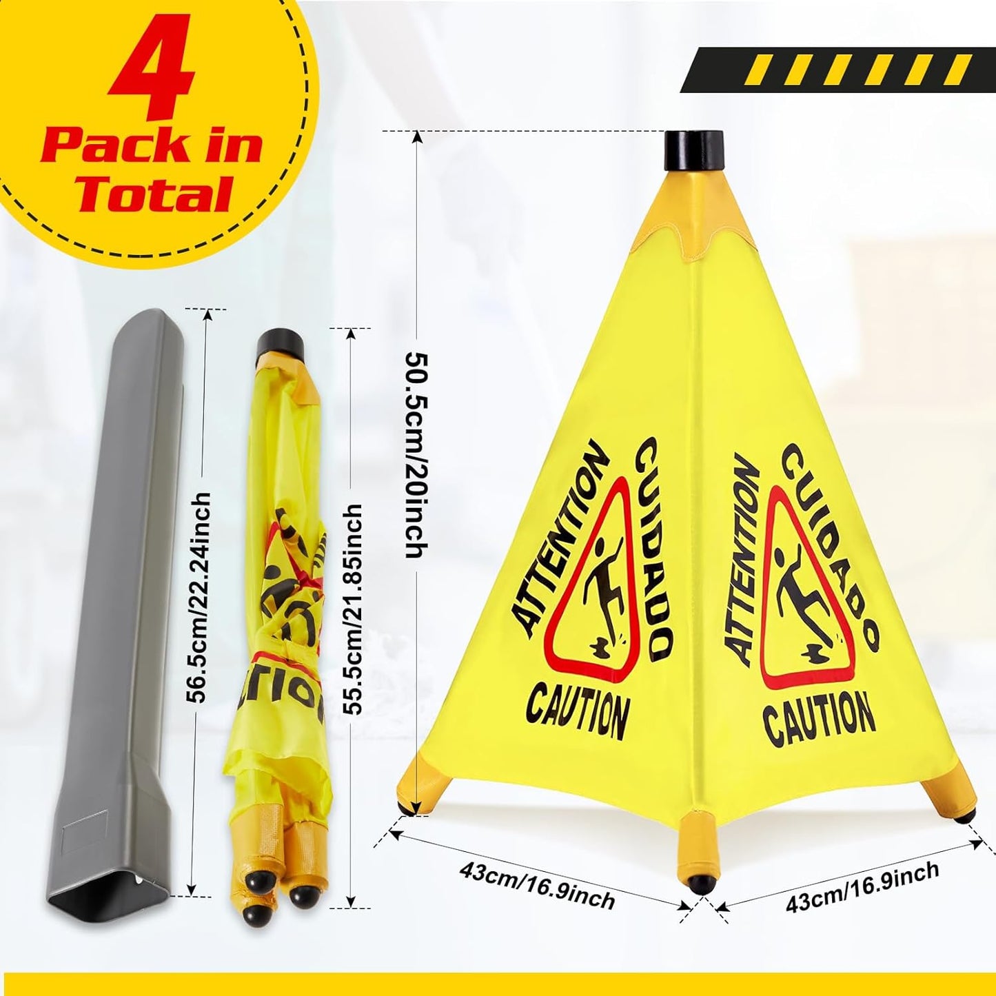 4 Pcs Pop up Wet Floor Sign with Storage Tube 20 Inch Wet Safety Signs Commercial Caution Safety Cone Pop up Caution Sign for Commercial Stores Grocery Restaurant Restroom Office Use