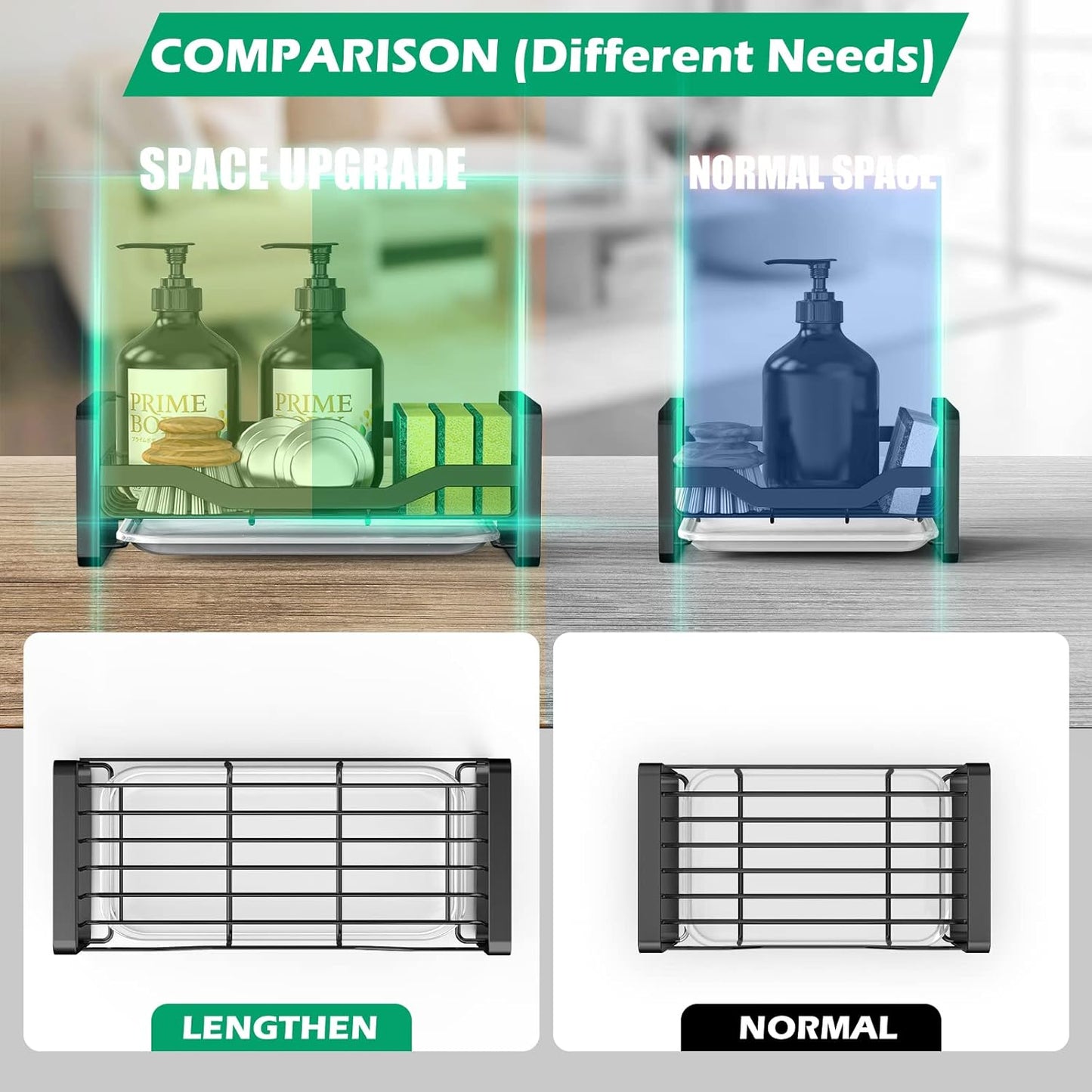 Sink Caddy Sponge Holder,Sponge Holder for Kitchen Sink,Kitchen Sink Organizer for Soap Brush Dispenser,Countertop Sink Caddy Organizer with Removable Drain Tray