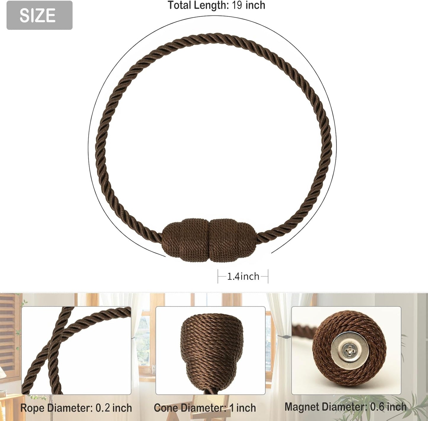 Magnetic Curtain Tiebacks Rope Curtain Tie Backs for Curtains 6 Pack Curtain Holders for Drapes Decorative Window Curtain Holdbacks, Coffee