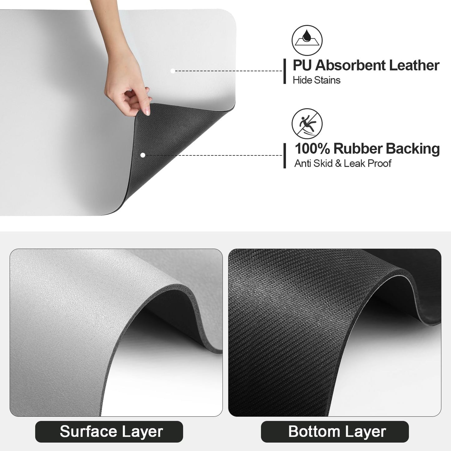 Dish Drying Mat for Kitchen Counter | Coffee Bar Mat for Countertops | Heat Resistant Drainer Mat with Non-slip Rubber Backed | Hide Stain Kitchen Absorbent Draining Mat | Light Grey 18"x32"