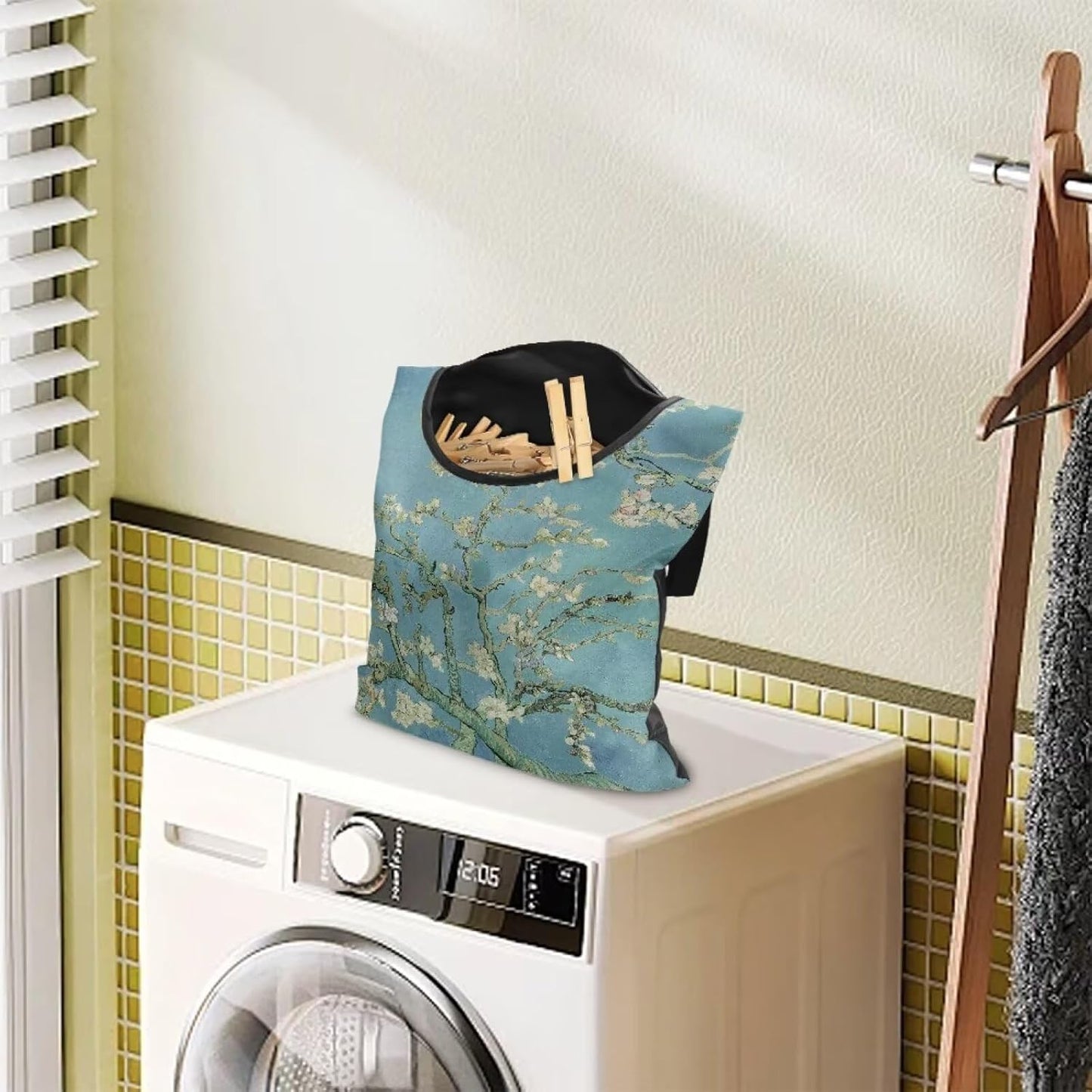 Almond Blossom Print Max Capacity Clothespin Storage Bag 14.5x12in - Generous Opening for Quick Loading - Sturdy Hanging Solution for Outdoor Clotheslines & Indoor Laundry Areas