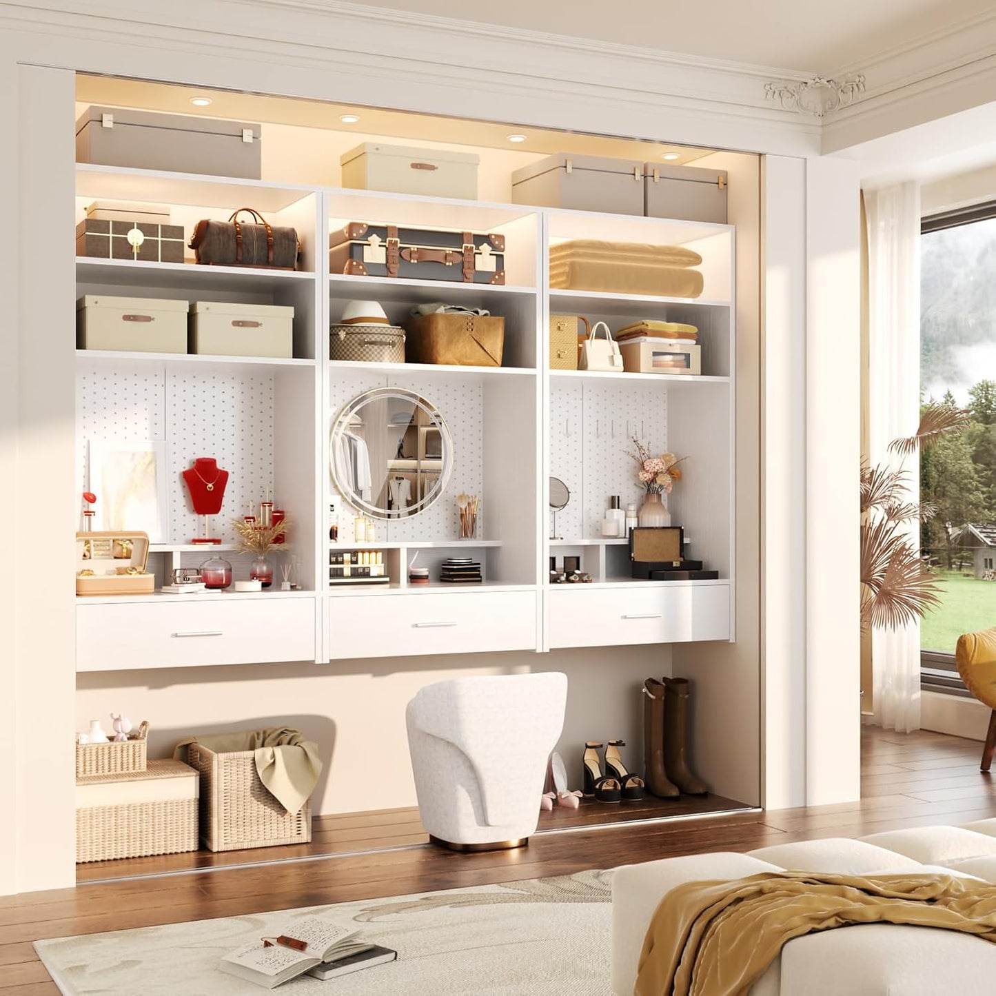 Unikito 24 inch Closet System with Drawers and Magnetic Pegboard, Wall Mounted Closet Organizer with Vanity Storage Shelves, Multipurpose Vanity Desk for Bedroom, Mudroom, and Entryway, White